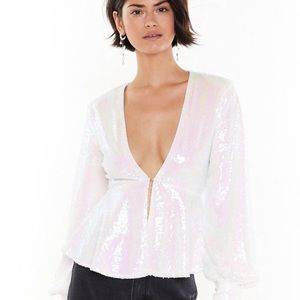 Treat em sheen v-neck sequin top white mermaid sequin -EUC- nasty gal